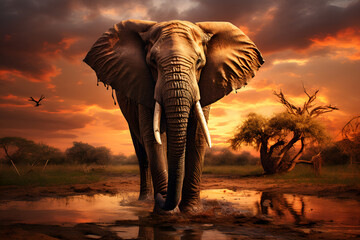 Fototapeta na wymiar elephant in jungle at sunset. Generative AI. 