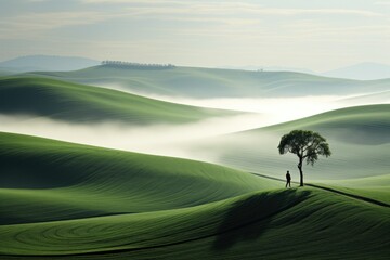 Paysage en couleur, paisible et calme avec des dunes et un arbre, ia