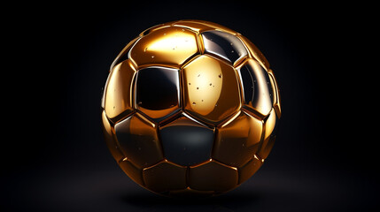 Naklejka premium Gold soccer ball or football isolated on black 3d illustration dark background with sport winner championship tournament and golden king crown competition trophy champion cup , Generative Ai
