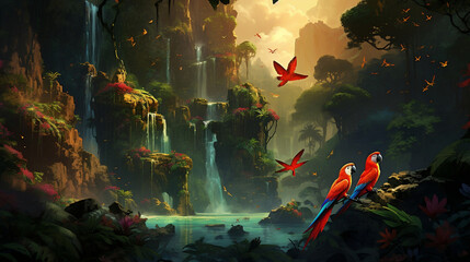 Illustration of a tropical rainforest with parrots, Generative Ai