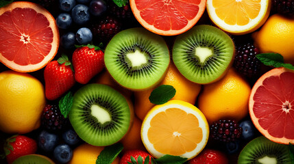 Fototapeta na wymiar Juicy fruits top view background, Generative Ai