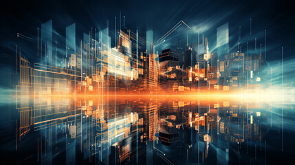 Obraz premium Double exposure of high technologies in city. Modified Generative Ai Image.
