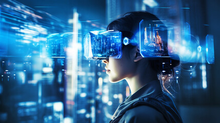 Fototapeta premium ouble exposure of high technology and VR. Modified Generative Ai Image.