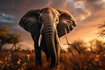 elephant in jungle at sunset. Generative AI.
