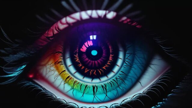 A close-up of a vibrant rainbow-colored eye. Generative ai
