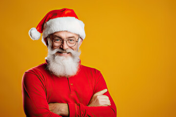 Naklejka premium Santa's Christmas Deals Funny Grey Hair Santa Claus Pointing to X-Mas Time Sales - Festive Discounts. created with Generative AI