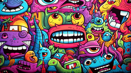 Full of monsters, doodling, drawn by colorful heavy marker - obrazy, fototapety, plakaty