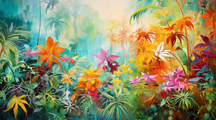 Fototapeta na wymiar Vibrant tropical foliage in a textured jungle scene, colorful art, multicolored oil art texture pictures Generative AI