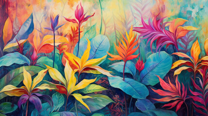 Vibrant tropical foliage in a textured jungle scene, colorful art, multicolored oil art texture pictures Generative AI