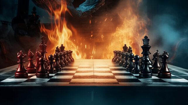 Versus or VS battle on chessboard with dark and fire ball background for competition between team , contestants and fighters by 3d render, Generative Ai