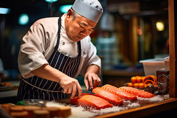 Senior man sushi master cutting salmon in a Japanese restaurant