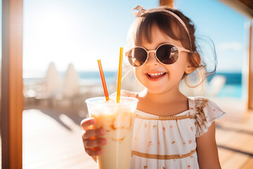 Little girl drinking a fruit juice on a beach in summer
