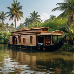 Boat on the river with palm trees in the background, Kerala, India.Generative AI