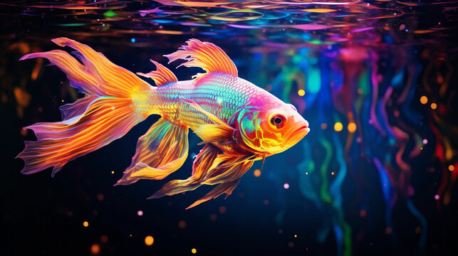 Abstract image of a fish in a tank with a rainbow of colors reflected on the water surface, surreal and vibrant, reminiscent of a kaleidoscope