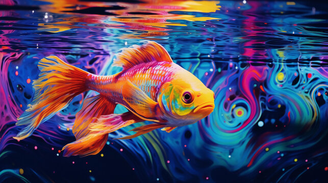 Abstract image of a fish in a tank with a rainbow of colors reflected on the water surface, surreal and vibrant, reminiscent of a kaleidoscope