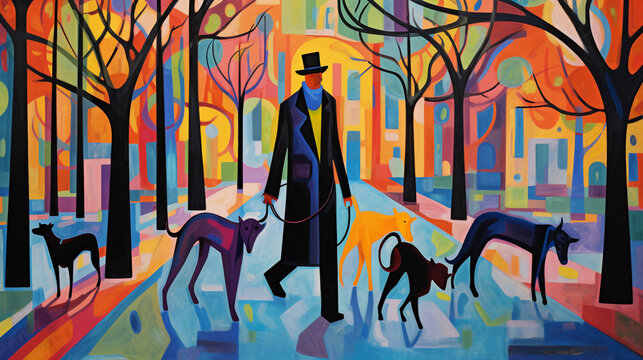 Fauvist Style Painting Of A Man Walking Multiple Dogs In A City Park, The Scene Filled With Exaggerated Color, Lines And Shapes, Giving A Dreamlike Quality