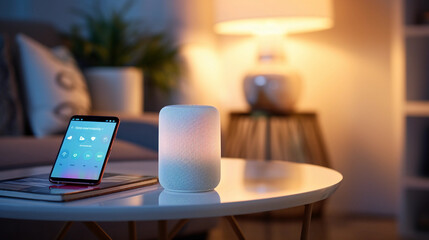 a smart home hub placed centrally in a contemporary living room, showcasing a clear interface,...