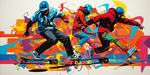 Pop - art inspired depiction of kids on a skate park, bold outlines, vibrant, contrasting colors, abstract geometric elements, street art influence
