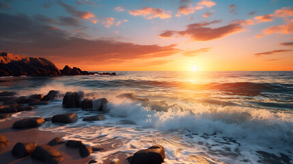 Fototapeta na wymiar sunset at the rocky beach. Generative AI.