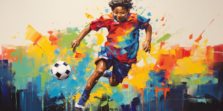 Pop - art of a child playing soccer, vibrant colors, emphasis on movement, dynamic composition, abstract shapes in the background, illustrated with bold brush strokes