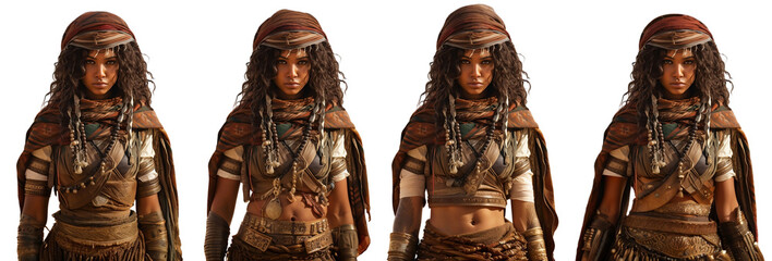 Portrait of a woman of ancient Egypt. Illustrational view Egyptian woman warrior in golden armor. Isolated on transparency.