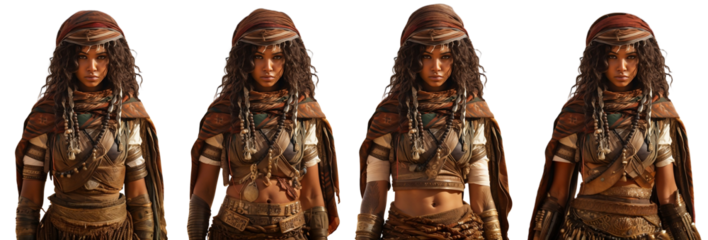 Portrait of a woman of ancient Egypt. Illustrational view Egyptian woman warrior in golden armor. Isolated on transparency.