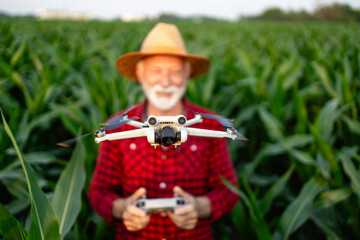 Use of drone technology in agriculture. Modern farmer standing in corn field and operating agricultural drone to monitor crops health.