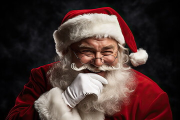 Naklejka premium Cheeky Santa Claus: Playful Man Wearing Santa Claus Costume Winking with Holiday Charm. created with Generative AI