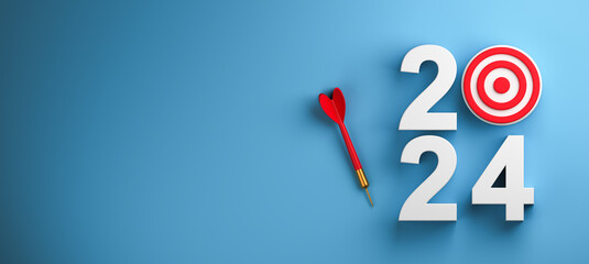 3D volumetric 2024 with target and dart on blue background top view copy space. Concept of goal, business in 2024. 3d rendering.