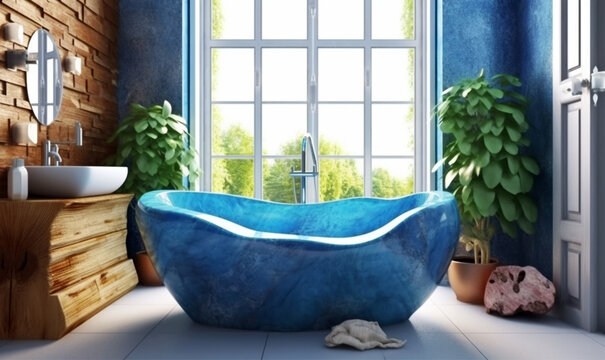 freistehende Wanne aus Keramik im luxuri&ouml;sen Badezimmer