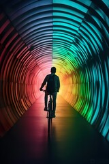 Cyclist pedaling through a vibrant rainbow-colored tunnel