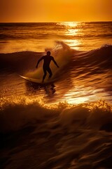 Surfer catching a wave at sunset