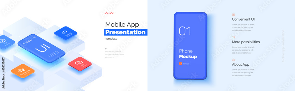 Poster modern presentation of a mobile application. mobile phone mockup on a yellow background with a descr