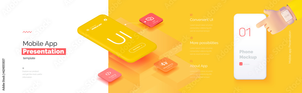 Poster modern presentation of a mobile application. mobile phone mockup on a yellow background with a descr