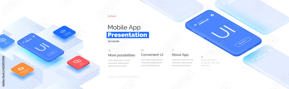 Poster modern presentation of a mobile application. mobile phone mockup on a yellow background with a descr