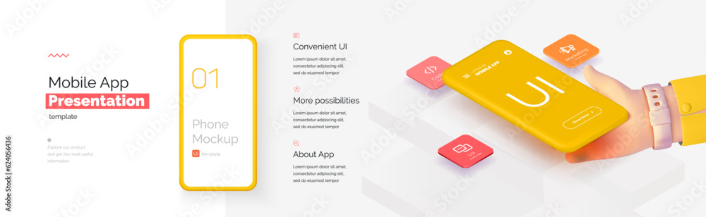 Poster modern presentation of a mobile application. mobile phone mockup on a yellow background with a descr