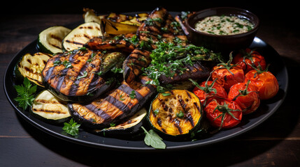 Fototapeta na wymiar A platter of Mediterranean-style grilled vegetables, including zucchini, bell peppers, and eggplant