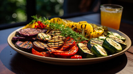 A platter of Mediterranean-style grilled vegetables, including zucchini, bell peppers, and eggplant