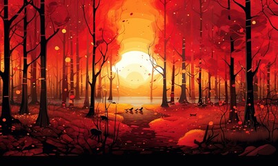  a painting of a sunset in a red forest with birds.  generative ai