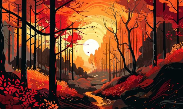  a painting of a sunset in a forest with a stream.  generative ai