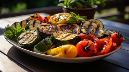 A platter of Mediterranean-style grilled vegetables, including zucchini, bell peppers, and eggplant