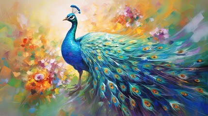 painting style illustration, beautiful peacock in flower garden, Generative Ai