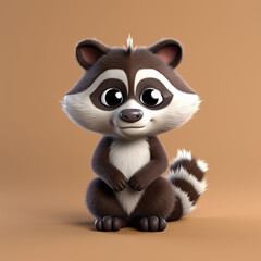 Obraz premium Cute Raccoon, 3d cartoon, big eyes, friendly, solid background, minimalistic