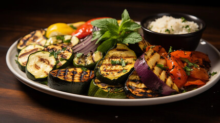 A platter of Mediterranean-style grilled vegetables, including zucchini, bell peppers, and eggplant