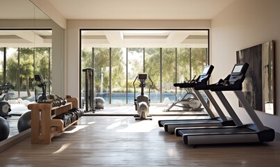  a gym with treadmills, exercise bikes, and a pool.  generative ai