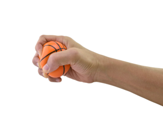 man hand squeezing stress ball basketball shape isolated on transparent