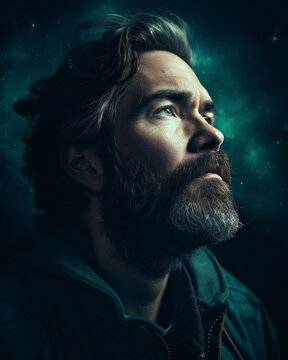 Portrait of a man with a beard looking at the night sky with stars