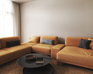 Home mockup picture frame. Beige livingroom interior design with natural orange furniture. Scandi boho style interior background. 3d render. High quality 3d illustration