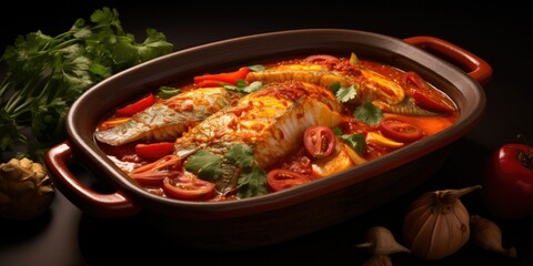 Embracing the Flavors of Brazil's Coastal Cuisine - Top View of a Modern Cast-Iron Roasting Dish - A Scrumptious Fish Stew Delight  Generative AI Digital Illustration