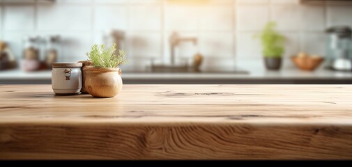 Fototapeta na wymiar Minimalist modern kitchen bench, wooden finish, bright and airy, rustic design, Generative AI